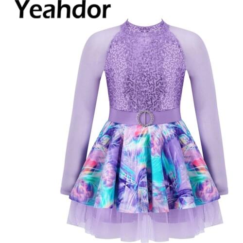 Kids Girls Dance Jumpsuit Dancewear Mesh Long Sleeves Open Back Shiny Sequins Adorned Bodice Shorts Bodysuit with Mesh Skirt Hem