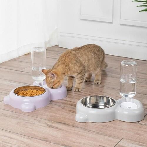 Pet Cartoon Bear Double Bowl Dual-use Dog Cat Food Container with Water Bottle Pet Products Supplies Cat Bowls