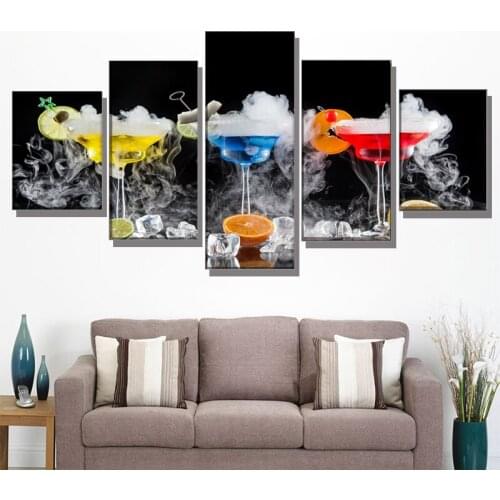 Canvas Picture Wall Art Party Decor 5 Pcs Cocktail Drink Fruit Painting Glass Ice Cube Smoke Painting Modern Print Type Poster