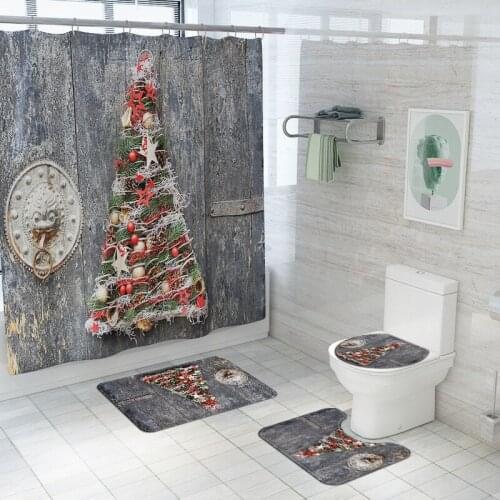 Christmas Tree Printing Carpet Toilet Seat Cover Mat Anti-Slip Floor Mat for Bathroom Bath Carpet Waterproof Shower Curtain Set