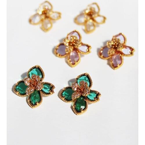 Brass micro-inlaid zircon glass flashing temperament fashion flower beautiful earrings