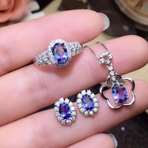 Real Natural Tanzanite jewelry set Natural Real Tanzanite 925 sterling silver 1pc pendant,1pc ring,2pcs Earring