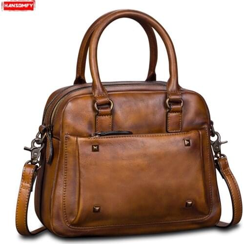 2020 New Retro Women Handbags Female Rivet Messenger Bag Luxury Fashion Crossbody Shoulder Bags Handmade Real Genuine Leather