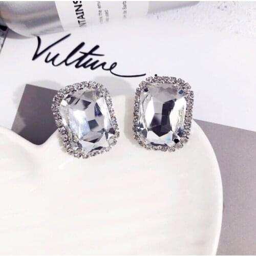 New Large Crystal Square big Stone Rhinestone stud Earrings For Women silvercolor Filled Big punk Earring Boucle D'oreille Femme