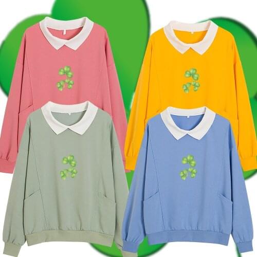 Pullover Harajuku Cute Graphic Green Swearshirt Oversized Hoodie Cotton Turn-down Collar Sweatshirt Long Sleeve Pocket Clothing