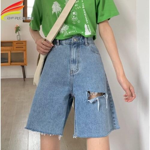 Streetwear High Waist Denim Bermuda Shorts For Women Summer 2020 New Korean Style Hole Fashion Wide Leg Loose Jean Shorts