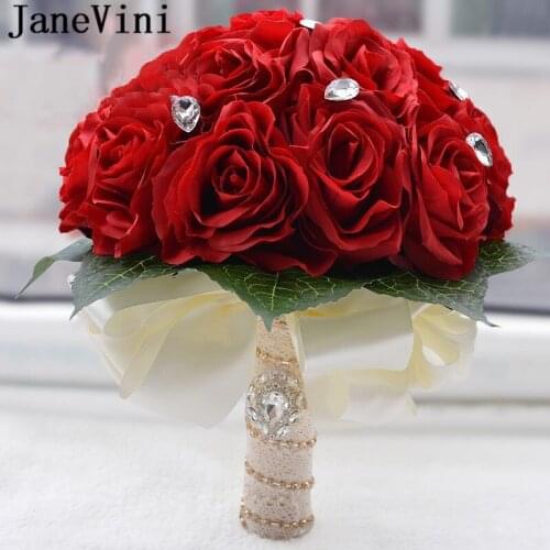 JaneVini Red Roses Wedding Bouquet de mariage Crystal Pink Flowers Artificial White Bridal Bouquets Bride Hand Hold Flower 2020