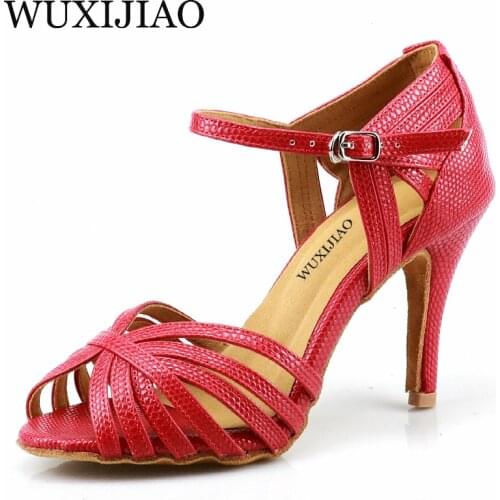 WUXIJIAO Professional Ballroom Dance Shoes Ladys Halloween Skull Salsa Dance Shoes Denim Doodle 9cm Heeled Women Latin Dance