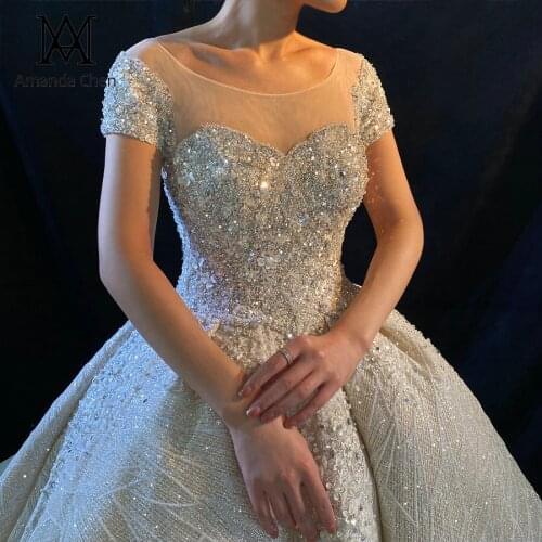 Vintage dress O-neck Short Sleeve Lace Appliques Crystal Beads Wedding Dress