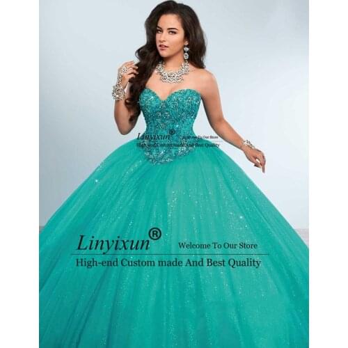 Green Ball Gown Quinceanera Dresses Sweetheart Crystal Beaded Tulle Floor Length Corset Masquerade Ball Gowns Sweet 16 Dress