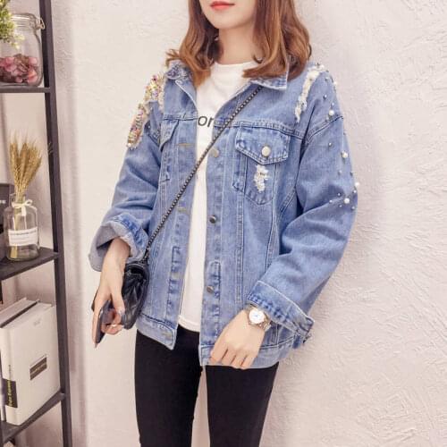 Fashion Korean 2021 Denim Jackets Women New Overcoat Pearl Beading Sequins Jeans Long Sleeve Vintage Casual Coat Veste Femme
