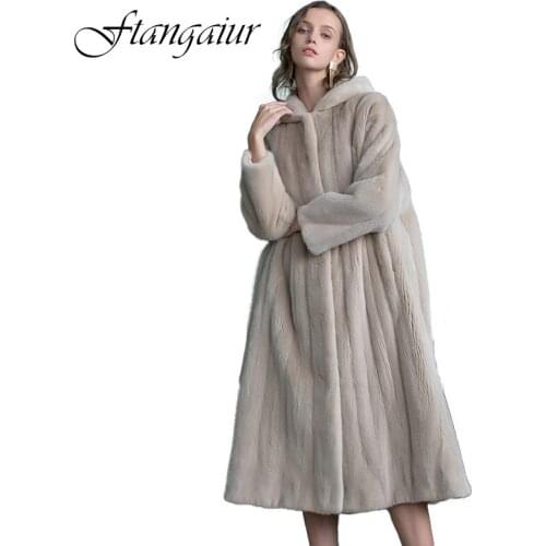Ftangaiur Winter Import Copenhagen Import Velvet Mink Fur Coat With Fur Hood Jacket Womens X-Long Big Loss Real Mink Fur Coats