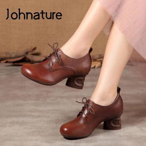 Johnature 2021 New Pumps Women Shoes Autumn Retro Genuine Leather Round Toe Lace-Up Handmade Concise Sewing Leisure Ladies Shoes