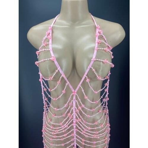 Sexy Nake Pink Chains Dress Bar Dancer Singer Costume Women Evening Hollow out Outfit Birthday Prom Backless Dress