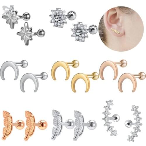 ZS 1pair Stainless Steel Stud Earring for Women Crystal Ear Stud Earring Rose Gold Moon Leaf Ear Tragus Helix Cartilage Piercing