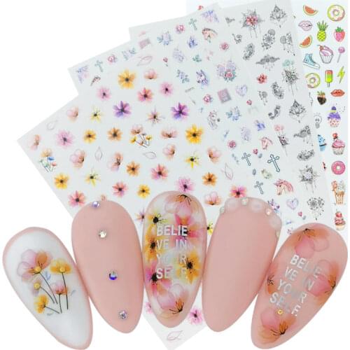 1pcs 3D Nail Art Stickers Sliders Flowers Mandala Leaf Geometry Dessert Unicorn Adhesive Nail Decals Foil Design Manicure