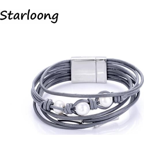 New trendy freshwater pearl beads ccb spacers multi-layer geniune leather cord magnetic clasp bracelets bangles women and men