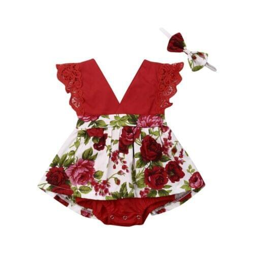 Infant Newborn Baby Girl Red Fly-Sleeve Lace Romper Jumpsuit Bodysuit Clothes Headband Outfits