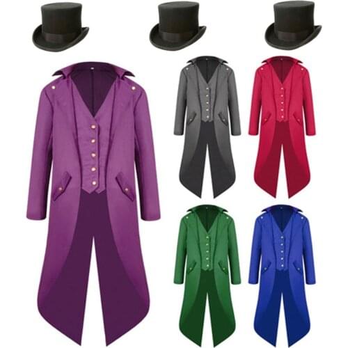 Halloween Costume 4XL PLUS SIZE Mens Steampunk Vintage Tailcoat Jacket Gothic Victorian Frock Coat Uniform With Magic Hat