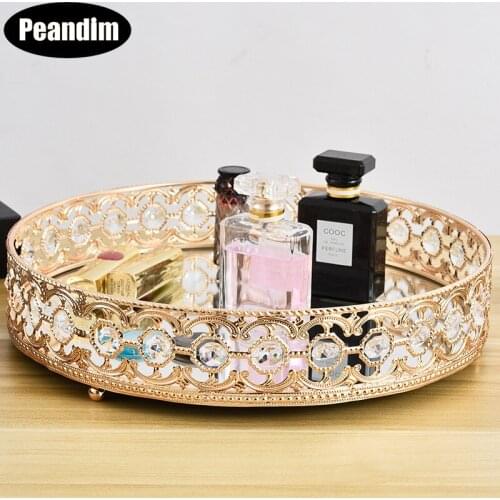 PEANDIM Round Hollow Tray Crystal Cake Stand Gold Cosmetic Storage Wedding Centerpieces Display Tools Home Table Plate Decor
