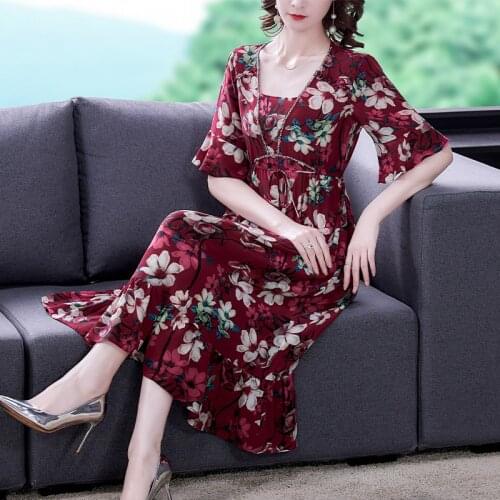 Summer Red Floral Mulberry Silk Midi Dresses 2021 Vintage 4XL Plus Size Chiffon Beach Dress Women Elegant Bodycon Party Vestidos