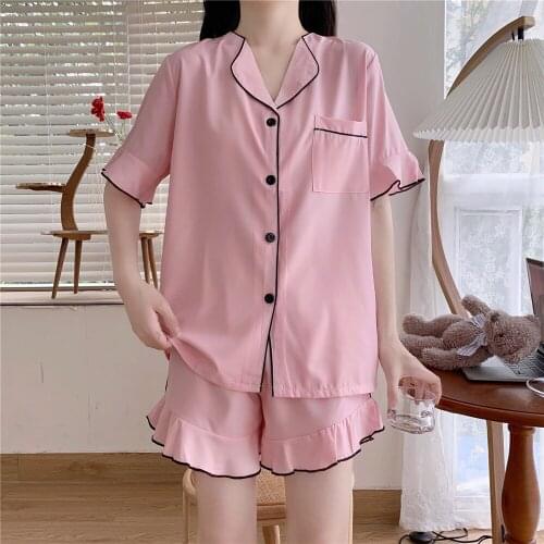 Summer Cute Pajamas Women Lace Short-Sleeved Shorts Two-Piece Solid Color Lapel Home Service