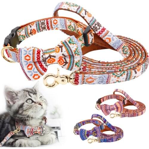 Cute Printed Puppy Dog Collar Leash Set Adjustable Bowknot Pet Small Dog Collar Walking Leash Lead For Chihuahua Yorkshire Pug