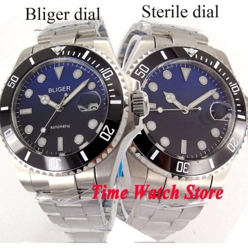 40mm Bliger mens watch Blue black dial luminous sapphire glass ceramic bezel MIYOTA Automatic movement 288