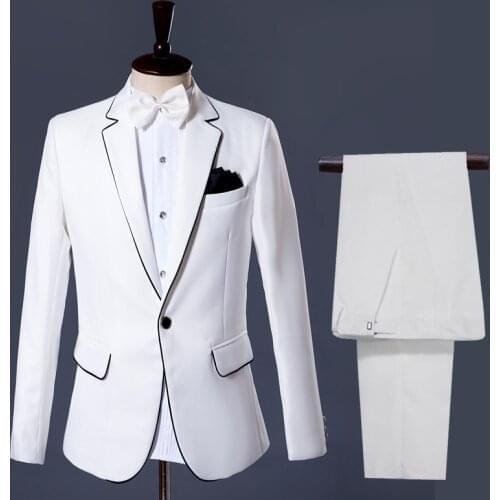 Mens Suits Stage Dresses White and Black Laces Mens Suit Skinny Regular Coat Pants White Single Breasted Smart Casual Men Suits
