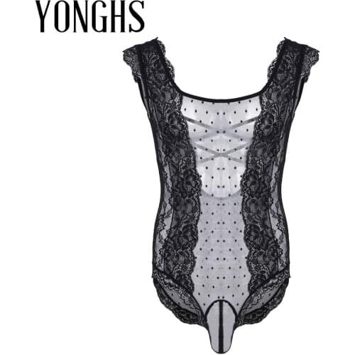 Mens Lingerie Sissy Crossdresser Bodysuit Floral Lace Polka Dots See Through Mesh Sexy Sissy Pouch Bodysuit Nightwear Sleepwear