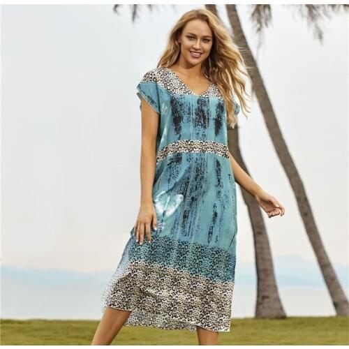 2020 Bikini Cover-ups Boho Print V Neck Summer Beach Dress Tunic Women Plus Size Sexy Beach Wear Swim Suit Cover Up Sarongs