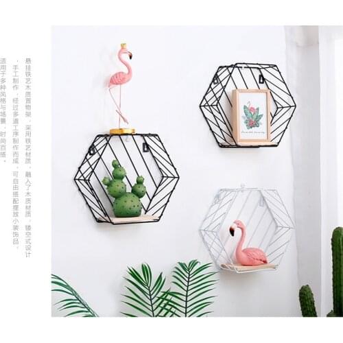 Wall Mounted Bookshelf Display Geometric Rack Wrought Iron Grid Shelf Hexagon Storage Holder for Wall Decorations