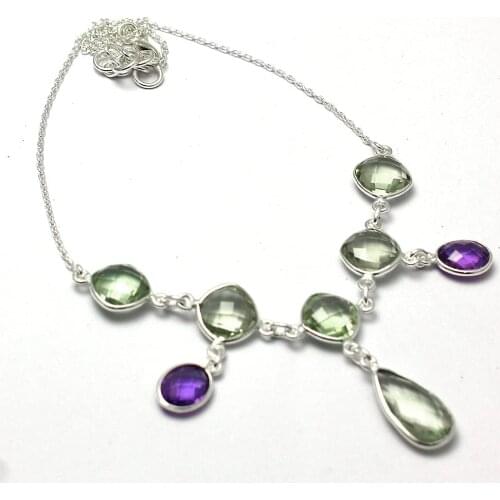 Genuine Amethyst + Green Amethyst Necklace 925 Sterling Silver, 42 cm,MHBNE0220