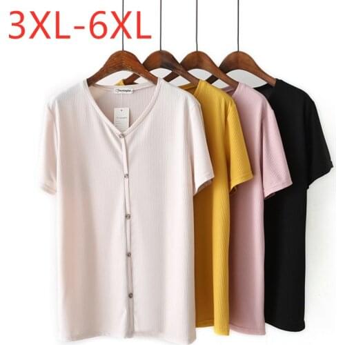 New 2021 Ladies Summer Plus Size Tops For Women Large Short Sleeve Loose Button Beige Yellow Knit V-neck T-shirt 3XL 4XL 5XL 6XL