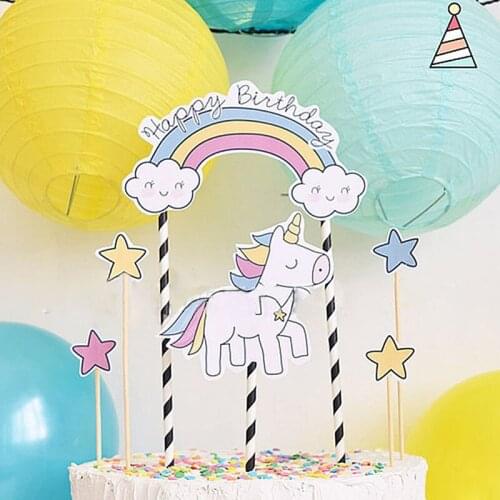 New Cartoon Unicorn Cake Topper Rainbow Heart Diamond Happy Birthday Cupcake Topper Birthday Party Cake Decorations Baby Shower