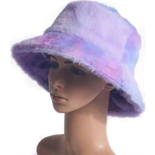 New Pink Faux Fur Bucket Hat For Women Girl Rainbow Tie Dye Soft Warm Fishing Cap Fisherman Gorros Winter Lady Gifts