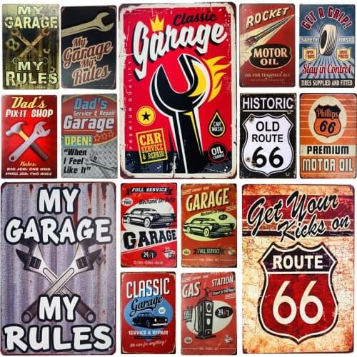 Route 66 Garage Car Service Decorative Plaques Classic Rusted Vintage Metal Tin Sign Pin Up Wall Sign Motor Car Club Plate Decor