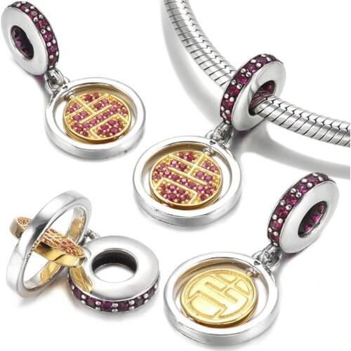 Pink CZ Gold Chinese Character Pendant Fit Original Pandora Charms Bracelet Women Ji Mean Good Luck Beads for Jewelry Making DIY