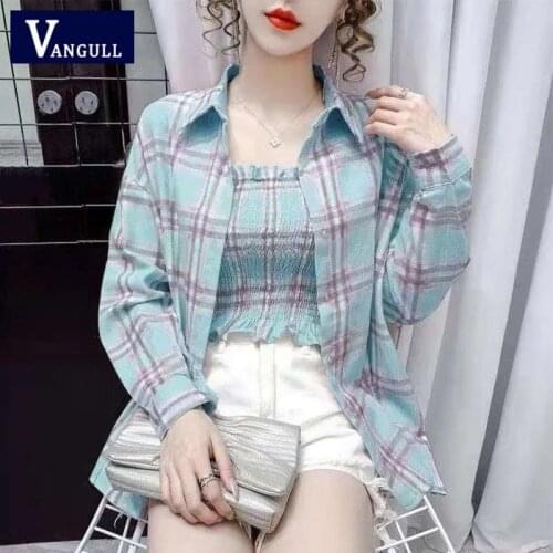 Vangull Plaid Blouse Camisole Two Piece Set Women 2021 Lapel Long Sleeve Casual Shirt Female Single Breasted Vintage Button Top