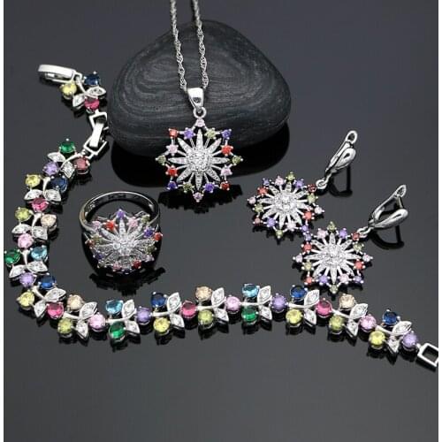 Octagon Bride Silver 925 Jewelry Natural Multicolor Cubic Zirconia Jewelry Sets For Women Wedding Earrings Necklace Set 4pcs