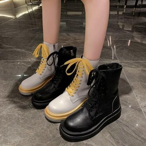 2020 Boots Ladies PU Leather Platform Boots Winter Boots Female Motorcycle Shoes Women Boots 2020 Gothic Shoes Lace-Up R14-42