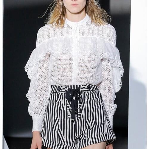 Runway Designer Spring Autumn Women Set Long Sleeve Hollow Out Lace White Blouse Tops and Striped Design Shorts Fashion Suits