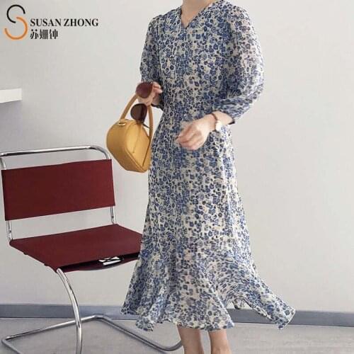 Women Dress Flower Print Female One-Piece Summer Romantic Vintage V Neck Lantern Sleeve X Line Ruffle Zipper Korean Fashion Lady