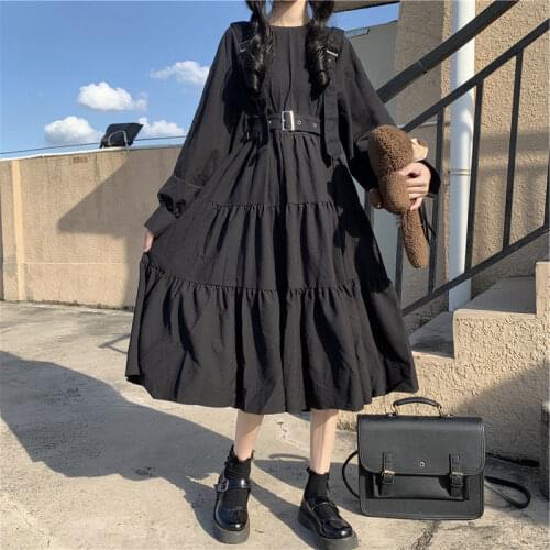 Punk Dress Goth Women Gothic Style Kawaii Dress Gothic Punk Mall Japanese Harajuku Midi Black Emo Dress 2021 MH439