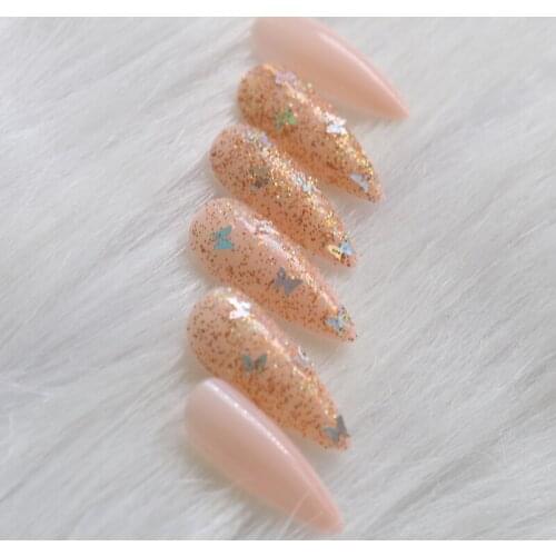 24pcs high-end fashion handmade crystal diamond long pointed fake nails sexy light pink