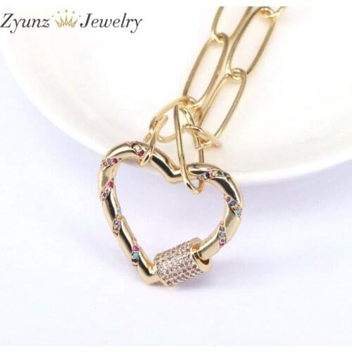 5PCS, Rainbow CZ Mirco Paved Heart Clasps Pendant Necklace Zirconia Metal Chains Necklace