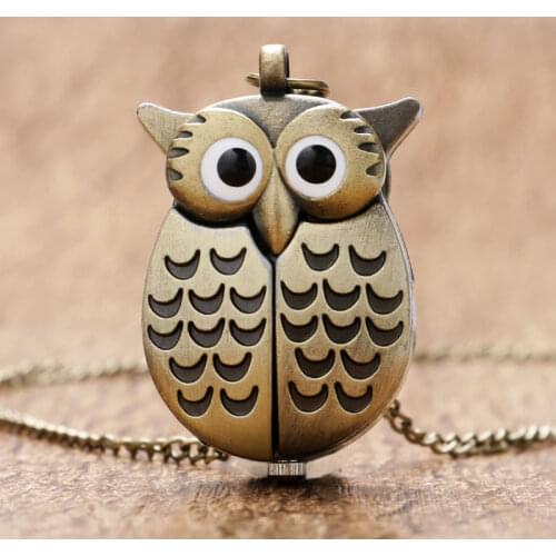 Bronze Night Owl Necklace Pendant Quartz Steampunk Pocket Watch Chain for Men Women P27