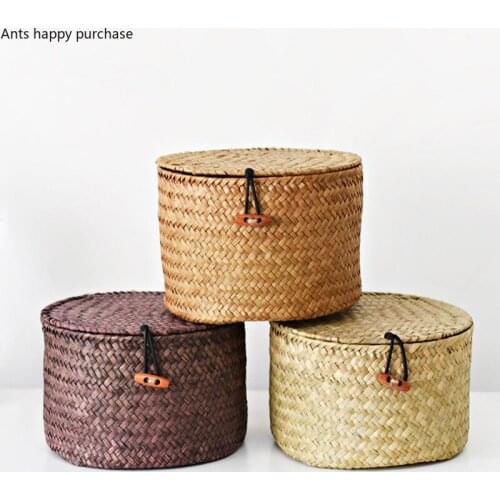 Cylindrical Straw Making Box with Cover Manual Seaweed Weave Storage Bucket Desktop Organize The Basket Household Storage Box