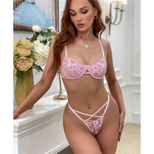 Flower Womens Underwear Sensual Pink Lace Lingerie Women Push Up Bra and Thongs Set Woman 2 Pieces Sexy Erotic Lingerie LNE423