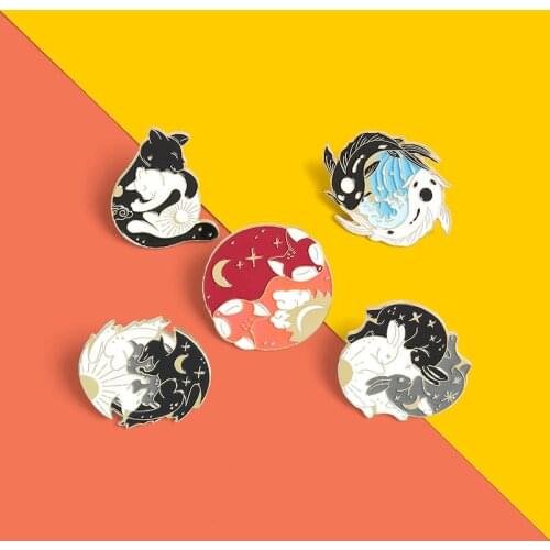 Day and Night Enamel Pins Custom Sun Moon Fox Koi Rabbit Bat Wolf Brooch Bag Clothes Lapel Pin Badge Starry Animal Jewelry Gift